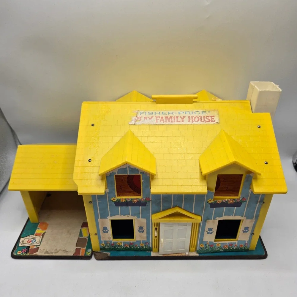 Fisher Price Play Family House 952 Vintage Blue Yellow Dollhouse Working Bell